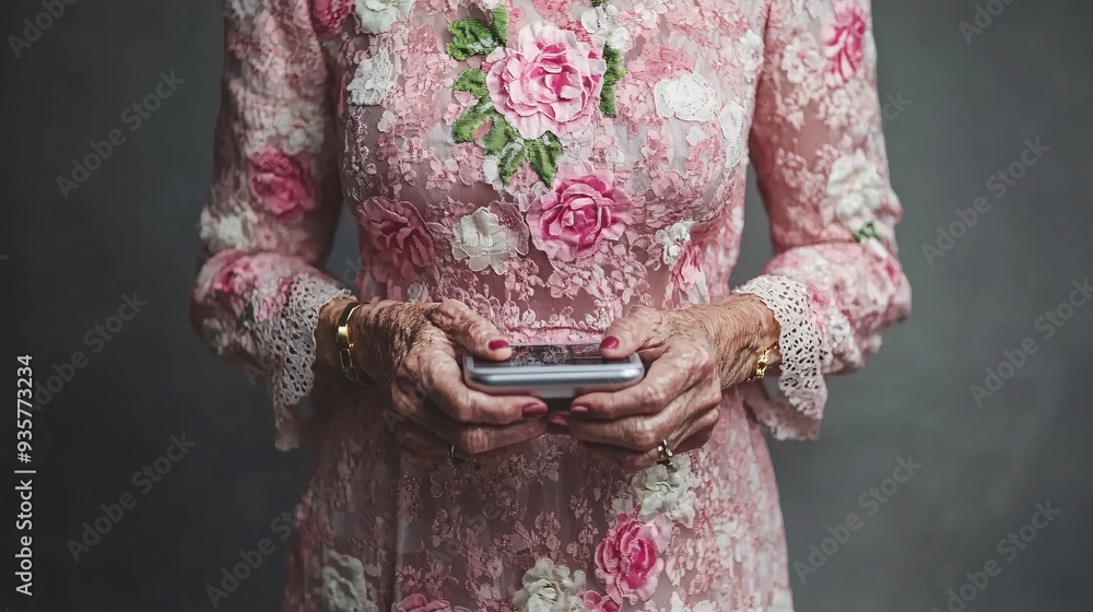 Poster A person with a speech impairment using a communication device to express themselves in a social setting, highlighting the empowering role of assistive technology Stock Photo with copy space