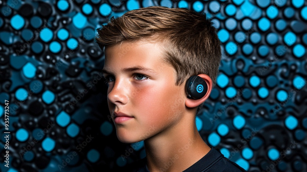 Poster A person with a speech impairment using a communication device to express themselves in a social setting, highlighting the empowering role of assistive technology Stock Photo with copy space