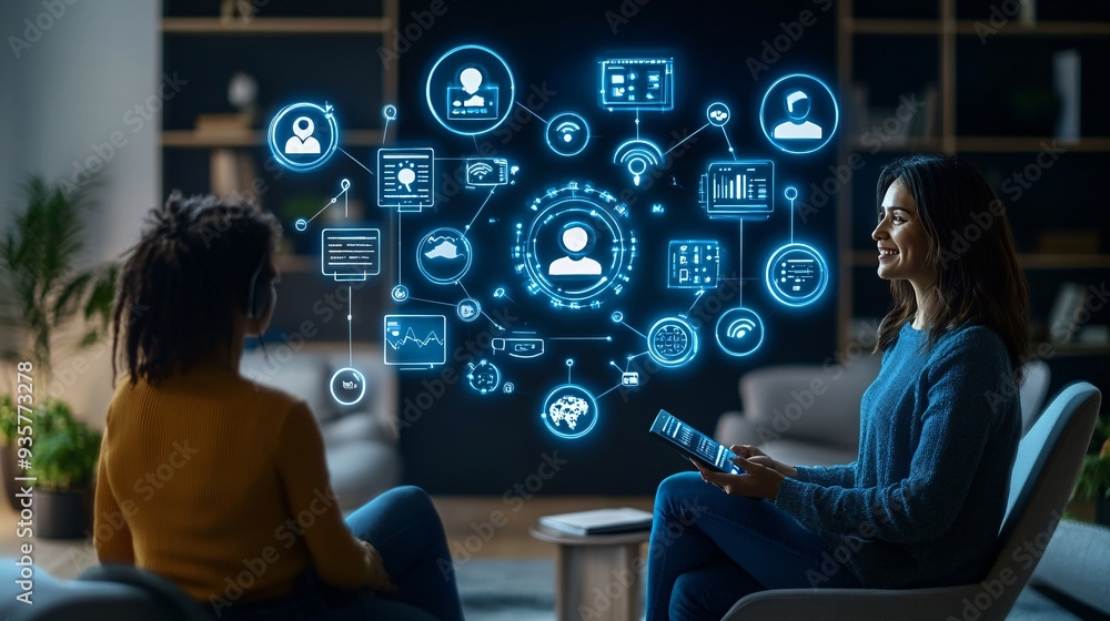 Aufkleber A person with a speech impairment using a communication device to express themselves in a social setting, highlighting the empowering role of assistive technology Stock Photo with copy space