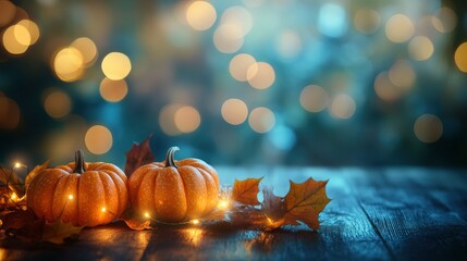Mini Pumpkins And Leaves On Wooden Table With Bokeh Lights - Autumn And Thanksgiving Decoration with generative ai