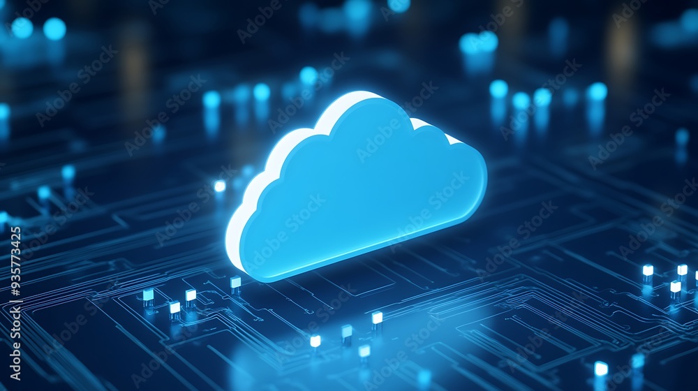 Poster digital cloud symbol over a futuristic circuit board, representing data storage, technology innovati