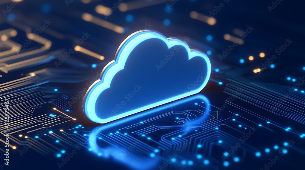 Poster digital cloud symbol on a futuristic circuit board, showcasing modern cloud computing and technology