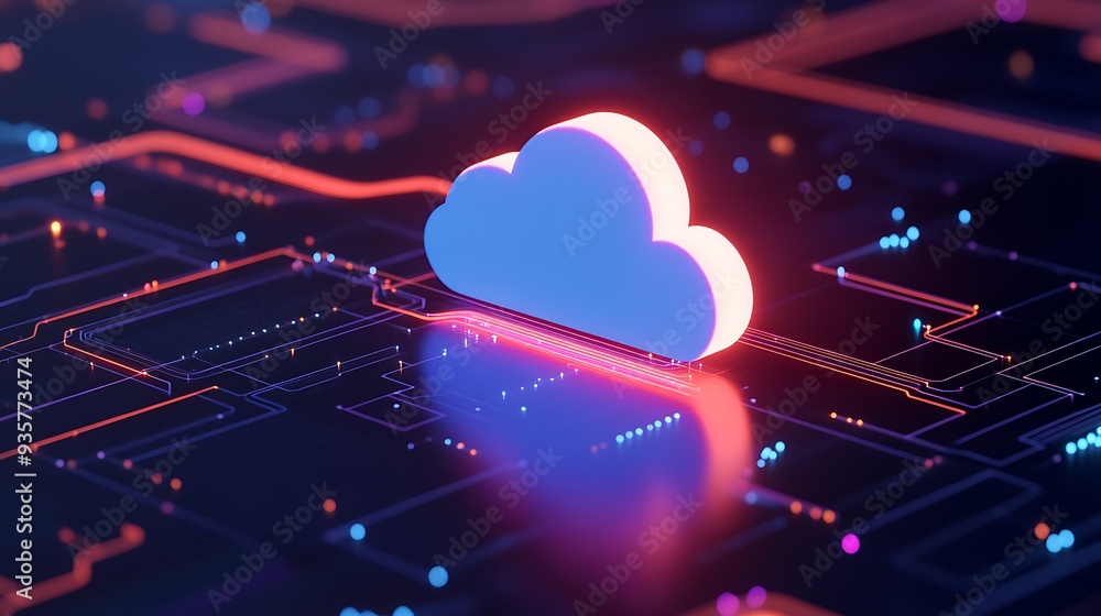 Poster digital cloud symbol on glowing circuit board represents cloud computing, data storage, and modern t