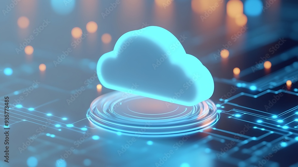 Poster digital cloud symbol over circuit board, representing cloud computing, data storage, and technology 
