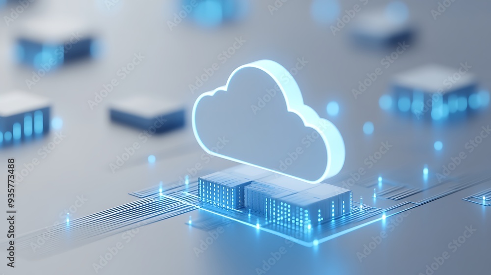 Poster digital cloud symbol representing cloud computing and services, surrounded by glowing circuits in a 