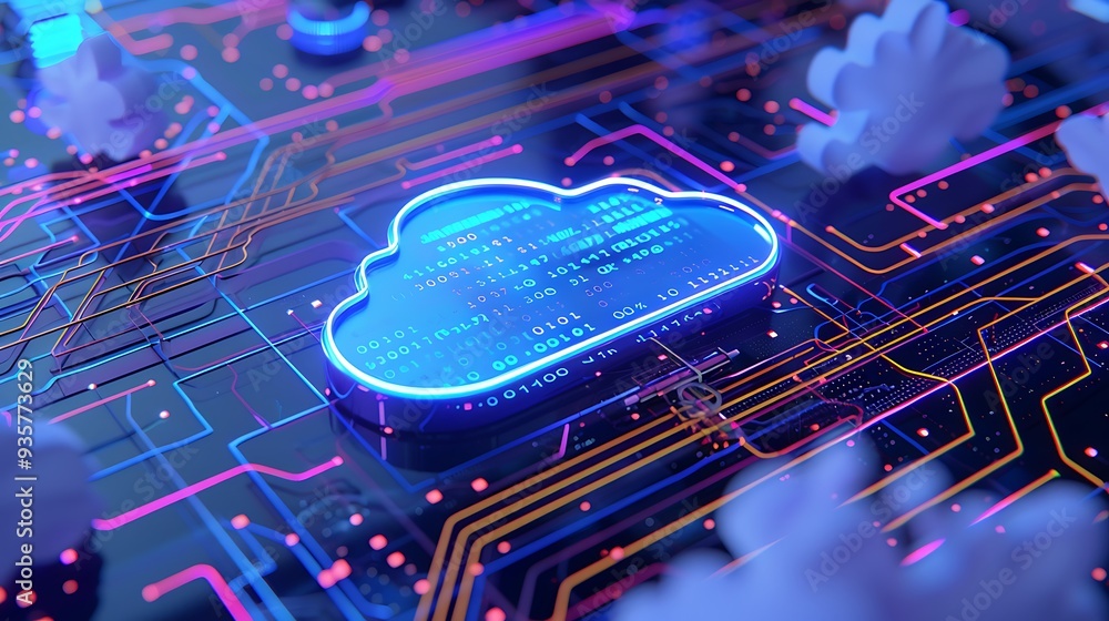 Poster digital cloud technology concept showing glowing cloud icon surrounded by circuitry, symbolizing dat