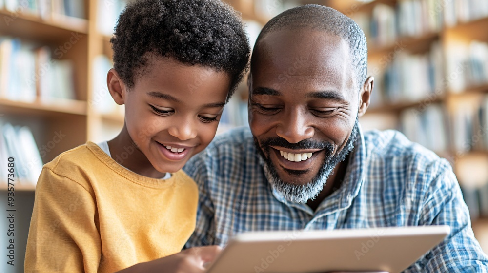 Poster a child using a tablet to video chat with a grandparent, smiling brightly and sharing stories, bridg