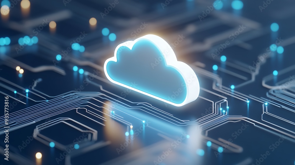 Poster digital cloud technology concept with glowing cloud icon on a futuristic circuit board background.