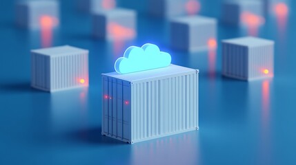 Obraz premium Digital cloud technology concept with glowing cloud icon on blue container, representing data storage and virtualization.