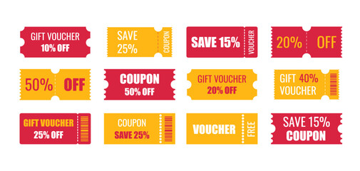Big coupon discount set. Gift voucher, coupon save, sale, promotion element template for design. Vector illustration isolated white background