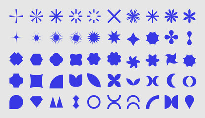 Brutalist set abstract geometric shapes and grids. Brutal contemporary figure star oval spiral flower and other primitive elements. Swiss design aesthetic. 