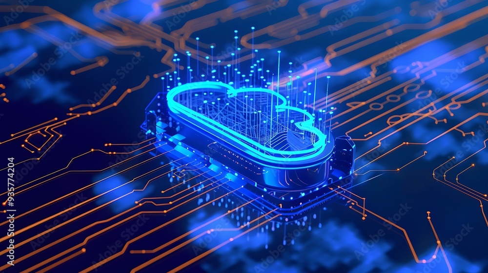 Poster digital cloud technology illustration with glowing circuits symbolizing data storage, networking, an