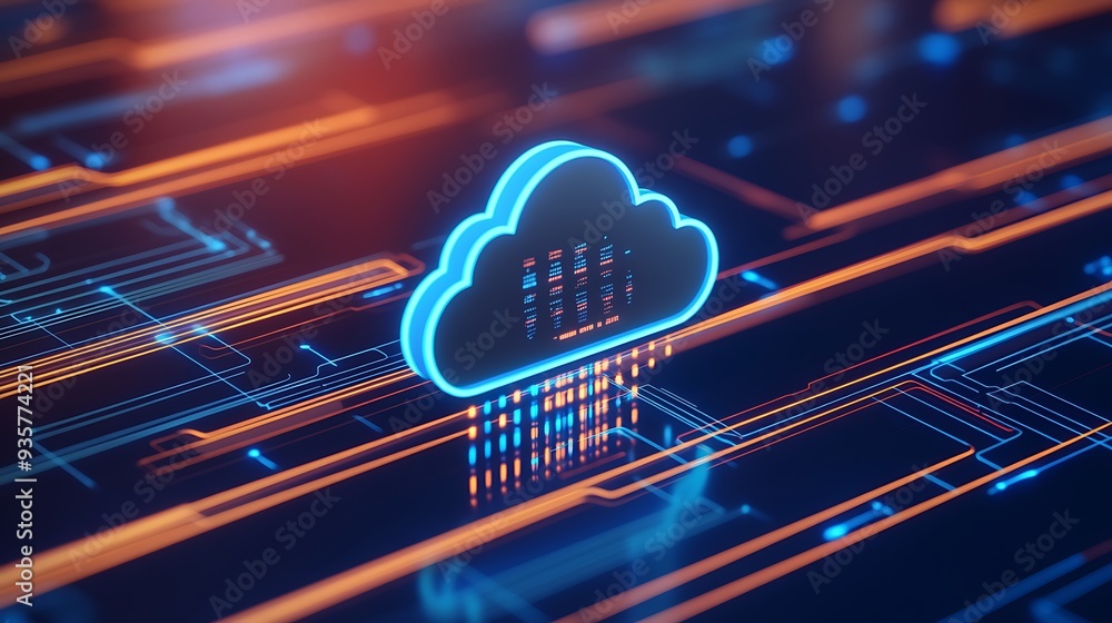 Poster digital cloud technology illustration with neon lights representing cloud computing and data storage