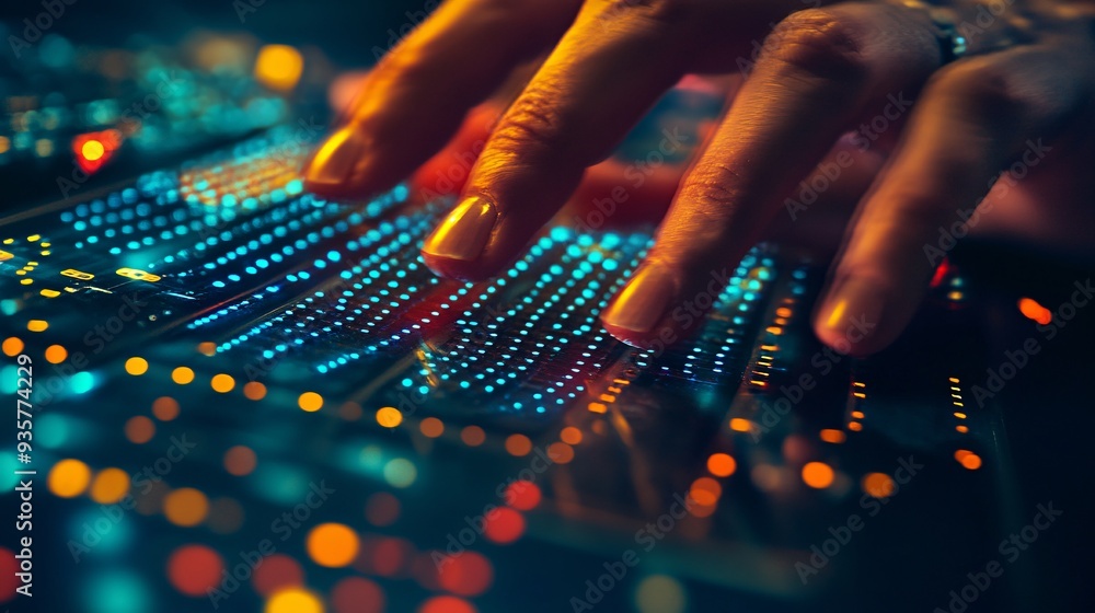 Poster A visually impaired person using a braille display connected to a laptop, symbolizing the inclusivity and accessibility provided by modern technology Stock Photo with copy space
