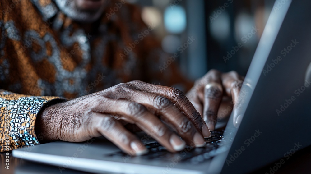Poster a visually impaired person using a braille display connected to a laptop, symbolizing the inclusivit