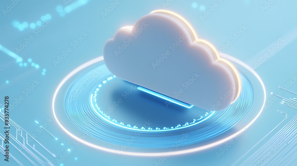Poster digital cloud technology representation with a glowing data circuit, symbolizing online storage and 