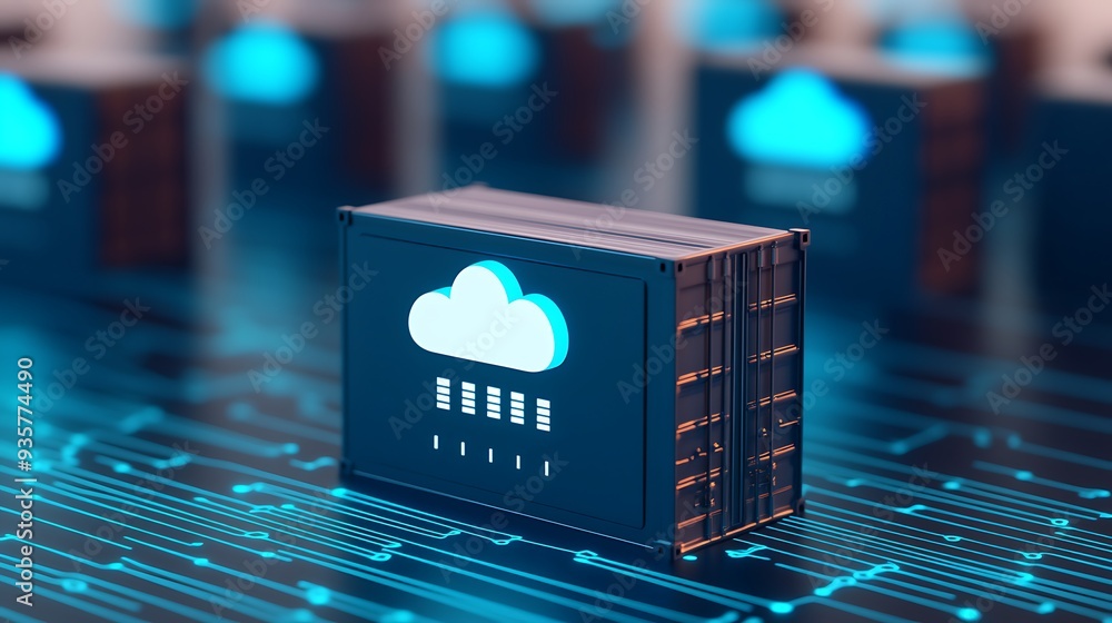 Poster digital concept image of cloud storage technology with blue cloud icons on servers, representing fut