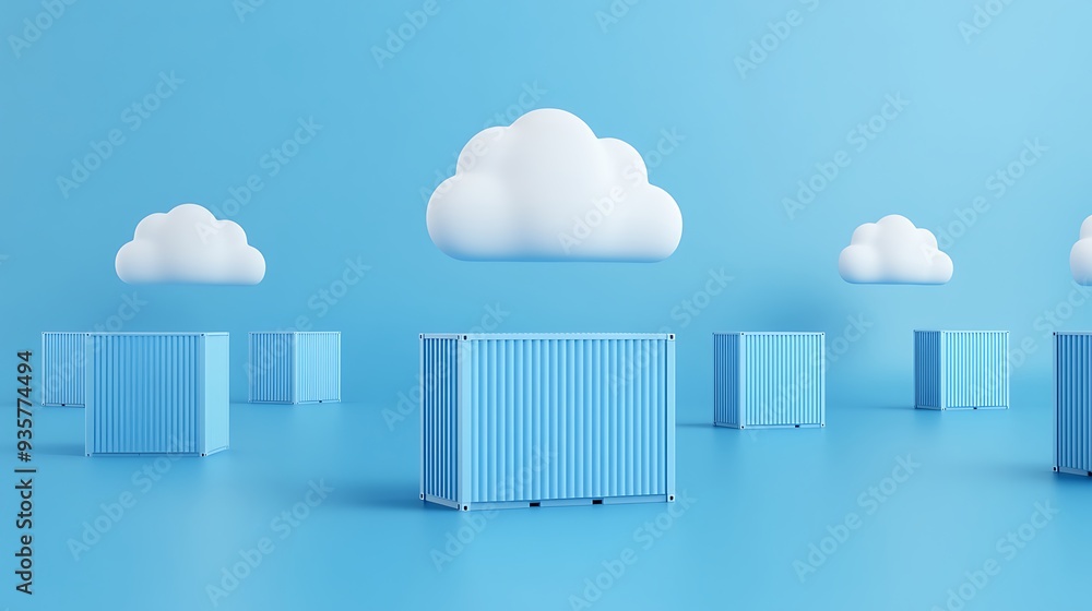 Poster digital concept of cloud computing and storage with blue containers and white clouds on a blue backg