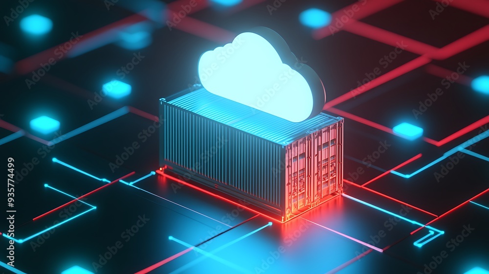 Poster digital concept of cloud computing and data storage container on a neon grid background representing