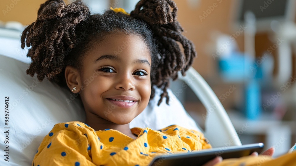 Aufkleber a child in a hospital bed, holding a tablet and talking to classmates via video call, showing how te