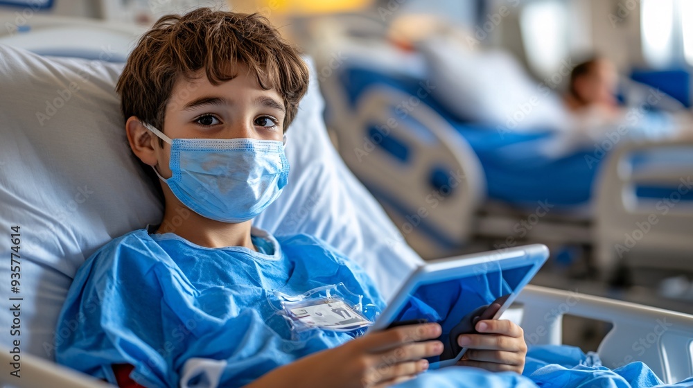 Poster a child in a hospital bed, holding a tablet and talking to classmates via video call, showing how te