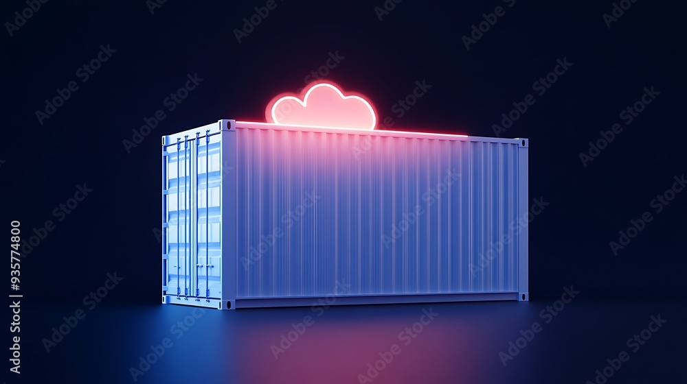 Poster digital concept of cloud computing with a glowing neon cloud above a shipping container on a dark ba