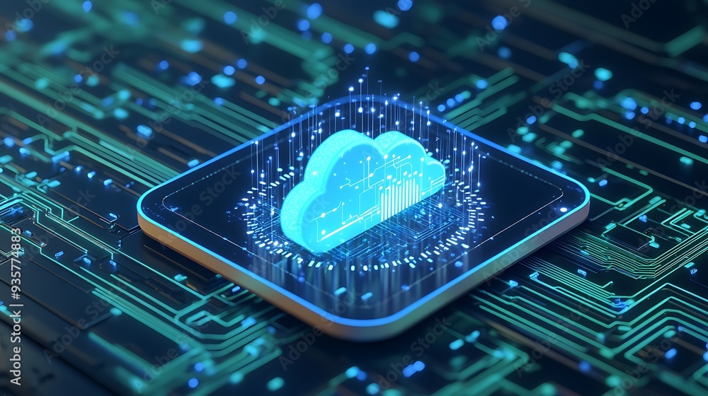 Poster digital depiction of a blue cloud icon on a circuit board, symbolizing cloud computing technology an