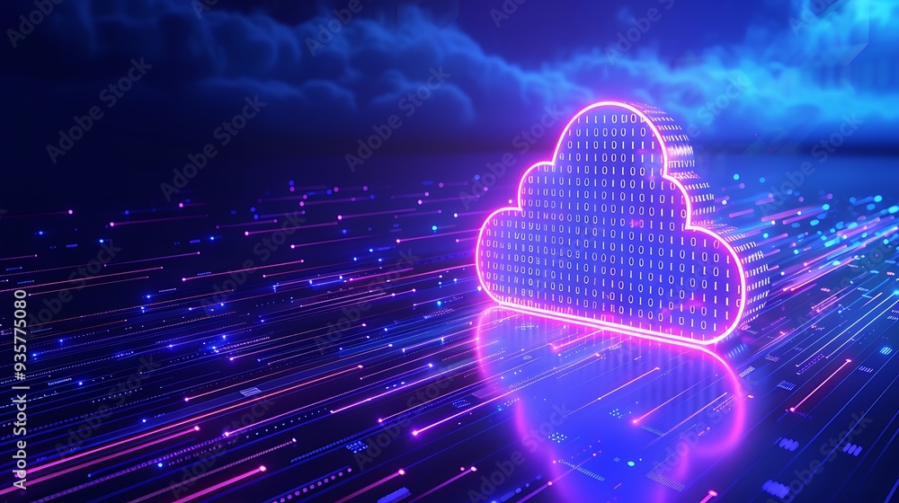 Poster digital glowing cloud icon in a futuristic landscape with neon lights, representing cloud computing 
