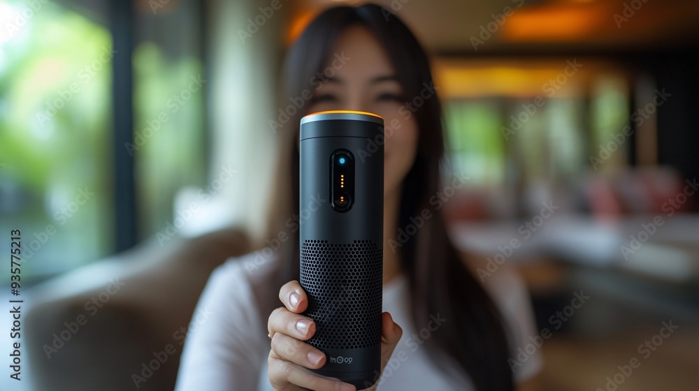 Aufkleber a person using a voice-activated assistant to control a smart home, showcasing the seamless integrat