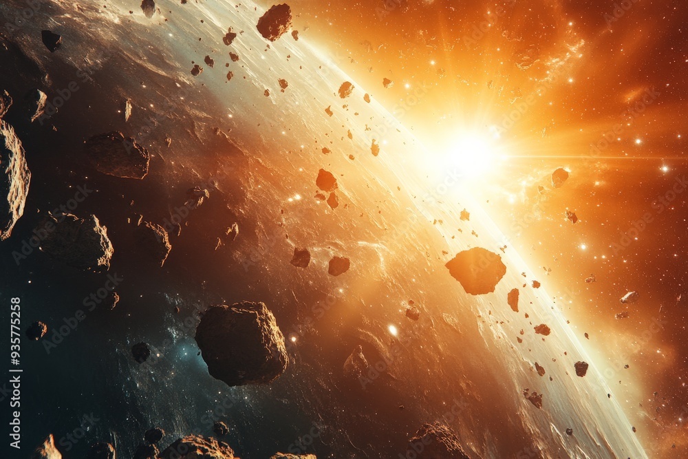 Poster A celestial scene with numerous asteroids floating through space, illuminated by the bright rays of a distant sun, creating a mesmerizing outer space landscape.