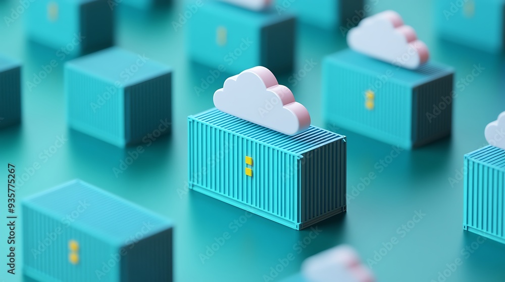 Poster digital illustration of a cloud computing concept featuring containers with cloud icons, showcasing 