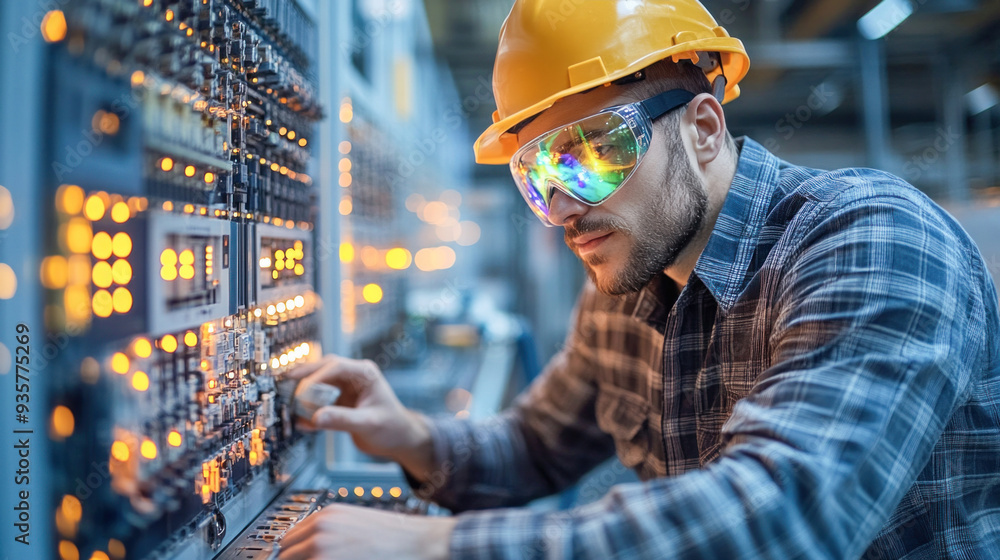 Poster electrical engineer is adjusting an electronic device in a factory
