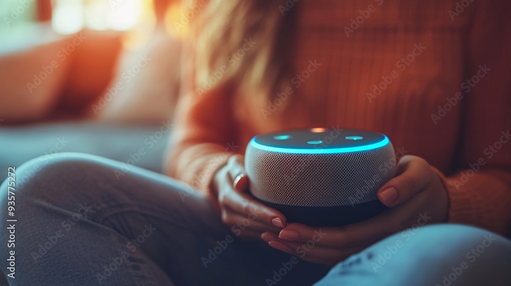 Poster A person using a voice-activated assistant to control a smart home, showcasing the seamless integration of technology into daily life and the accessibility it provides Stock Photo with copy space