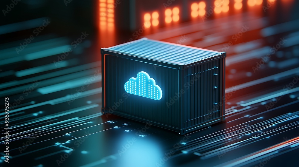 Poster digital illustration of a cloud computing icon on a futuristic server. concept of database, technolo