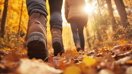 Autumn Escape: Hiking Couple Amidst Fallen Leaves and Trees