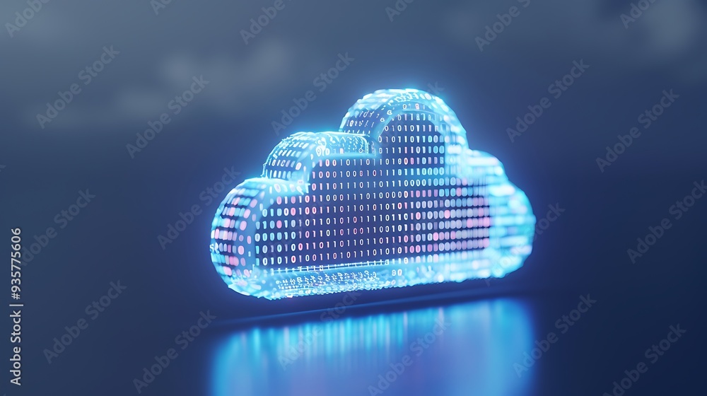 Poster digital illustration of a glowing cloud icon representing cloud computing and data storage, set agai
