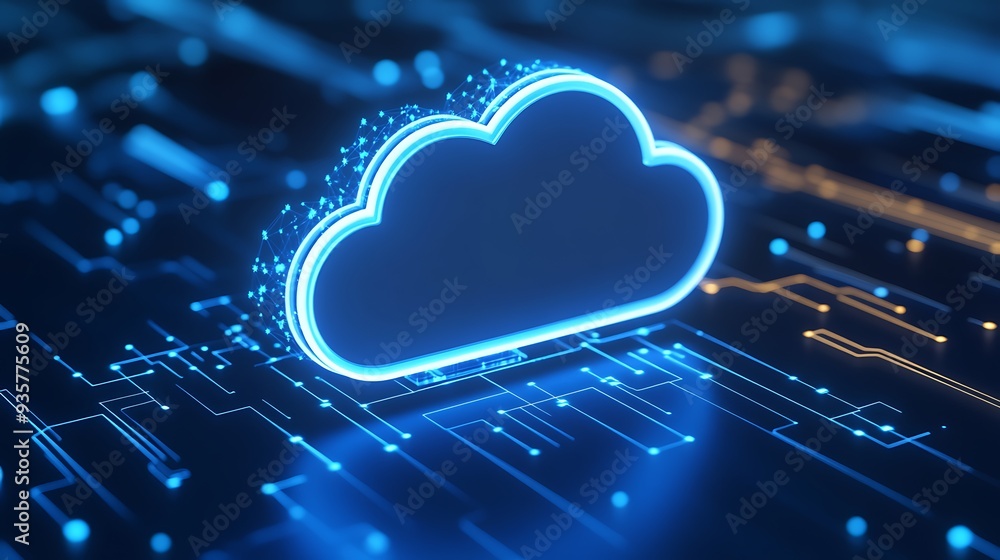 Poster digital illustration of a glowing cloud computing icon on a futuristic circuit board, representing c