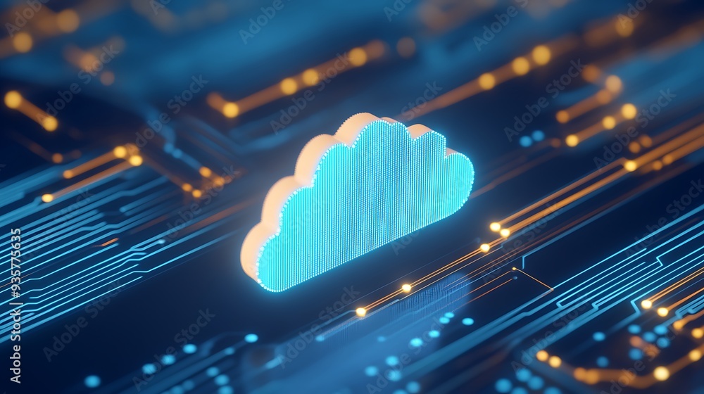 Poster digital illustration of a glowing cloud icon over a circuit board, representing cloud computing and 