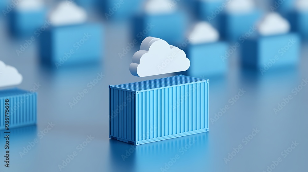Poster digital illustration of cloud computing and containerization, showcasing blue containers with cloud 