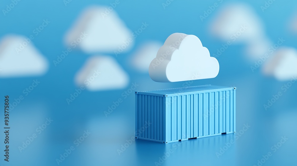 Poster digital illustration of cloud computing concept with a shipping container and floating clouds on a b