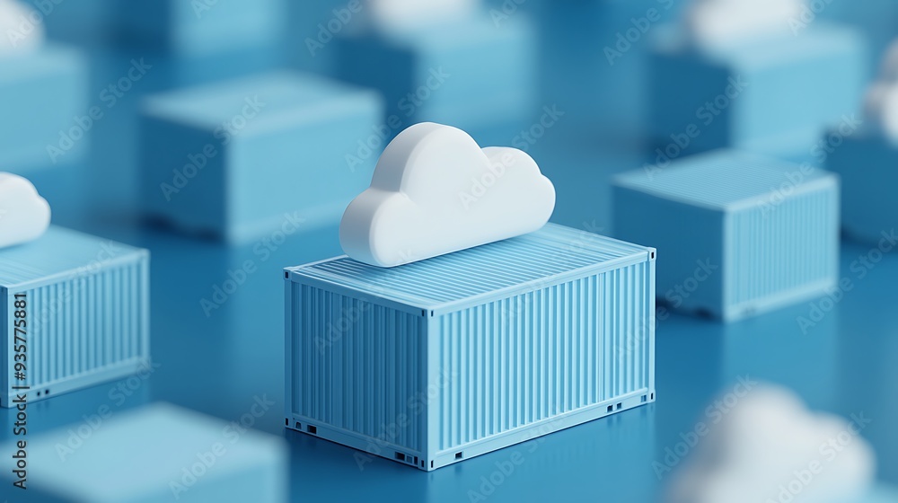Poster digital illustration of cloud computing concept with blue shipping containers and white cloud icons 