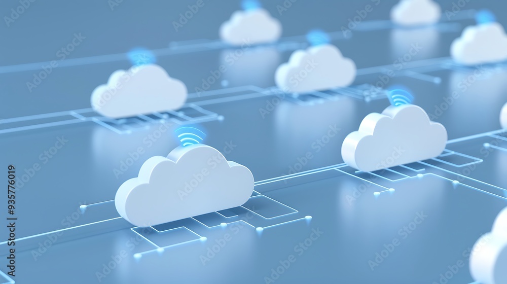 Poster digital illustration of cloud computing networks with data connection symbols, representing modern t