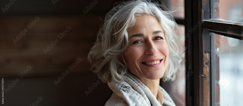 Poster close up portrait of a lovely mature woman with a broad smile while standing by the window. copy spa