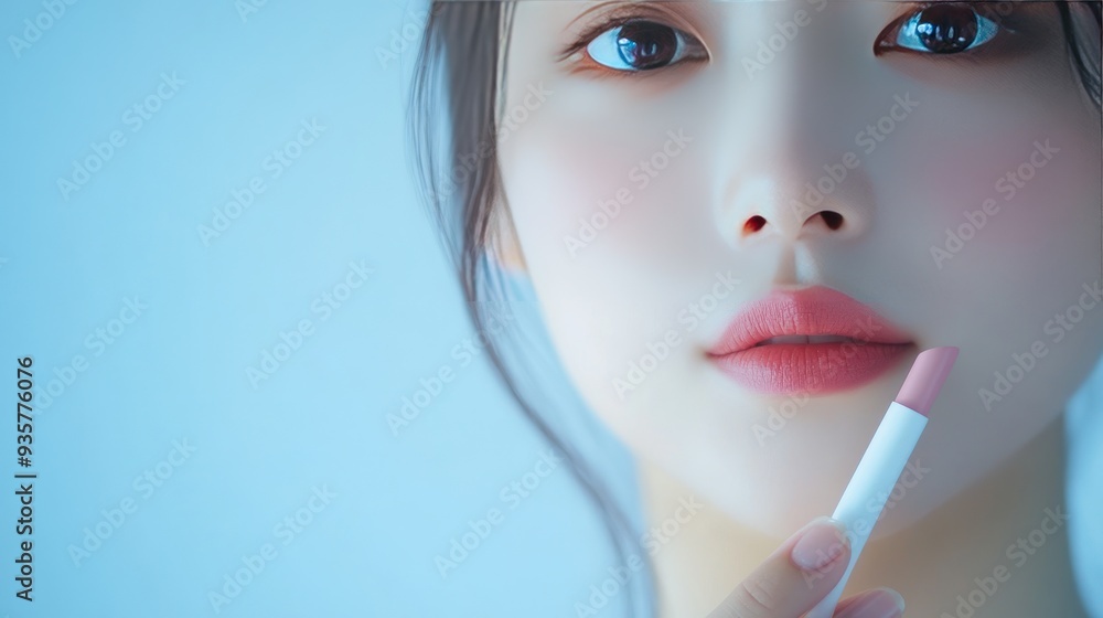 Poster Close-up of a woman's face with pink lipstick on her lips and a lipstick tube in her hand.