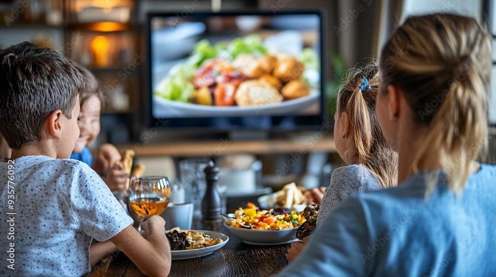 Poster a family sitting around a dining table, watching a cooking show on a tablet propped up in front of t