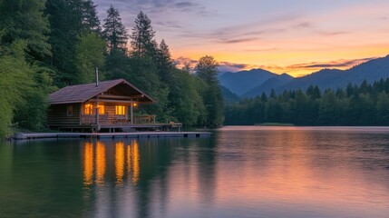 Naklejka premium Charming Cabin Retreat by the Serene Lake at Dusk