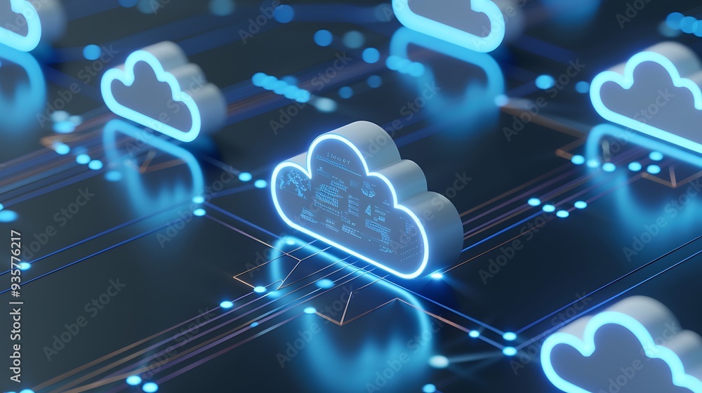 Poster digital illustration of cloud computing technology with glowing data clouds on a digital circuit boa