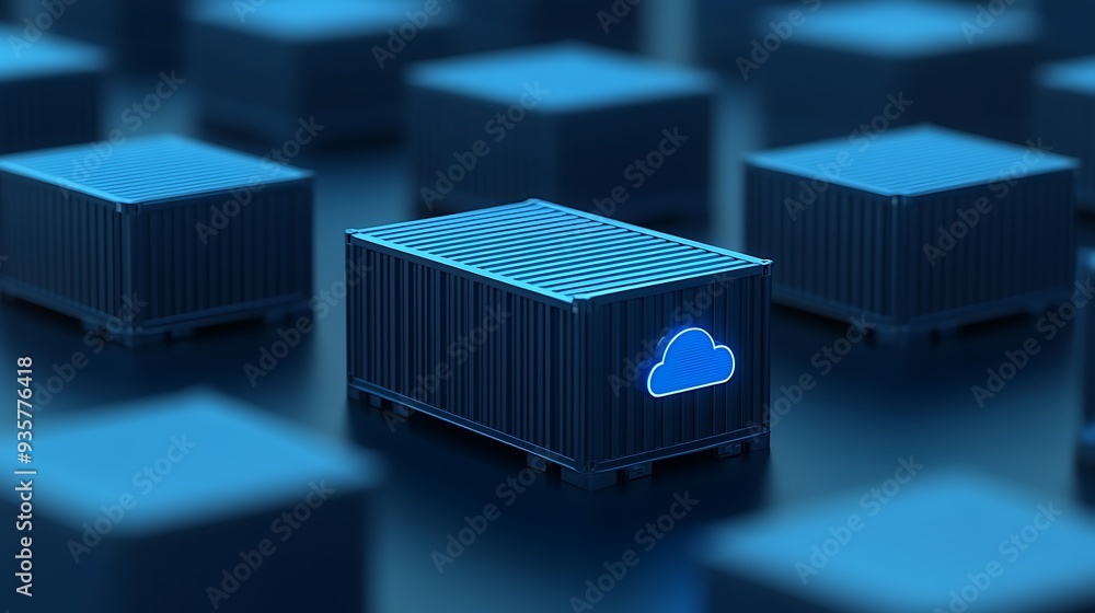 Poster digital illustration of cloud storage containers in a data center, representing cloud computing and 