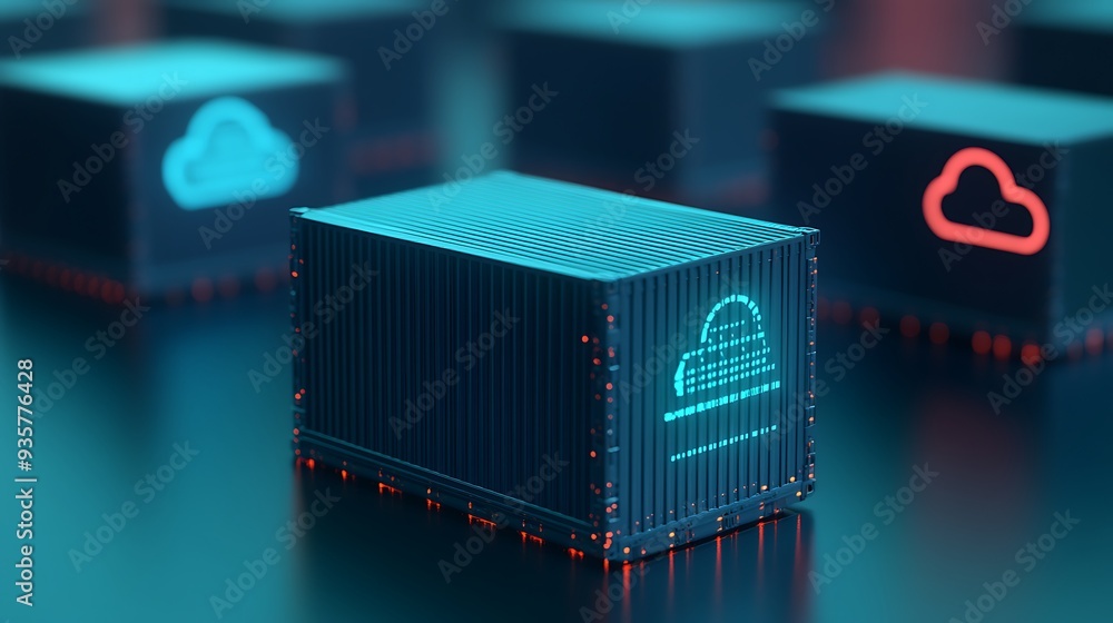 Poster digital illustration of cloud data storage containers with neon cloud symbols signifying modern tech