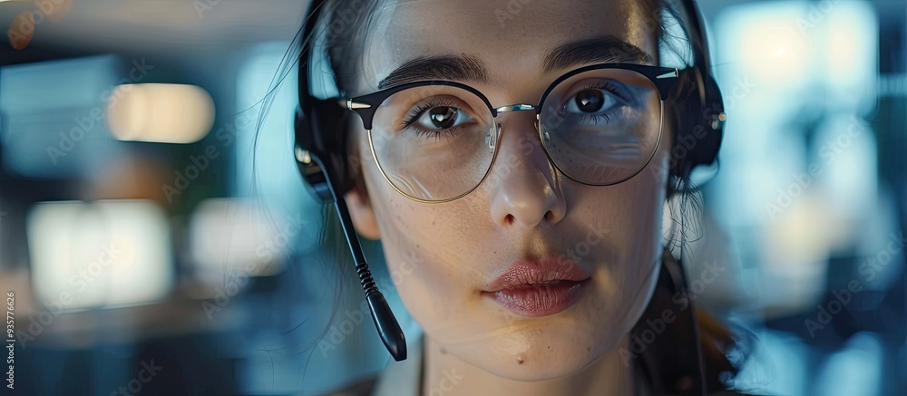 Poster call center agent wearing a headset operates on a support hotline in a contemporary office with copy